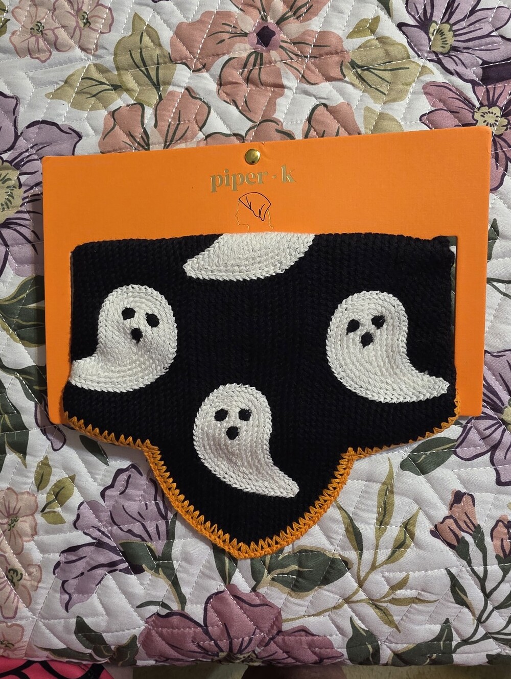 NWT Piper Black & White Ghost Knit Bandana Bib with Orange Trim
